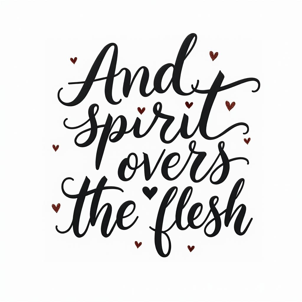 And the spirit reigns over the flesh.in elegant cursive calligraphy style 2d tattoo, decorate with roses, featuring a smooth and flowing handwritten script with slightly thickened strokes for a luxurious and bold appearance, heart symbol between names, sleek and glossy black text with shadowing, minimalist matte white background, clean and sharp edges, illuminated with soft lighting, romantic, 8k, high-quality textures with refined typography - Variation 2