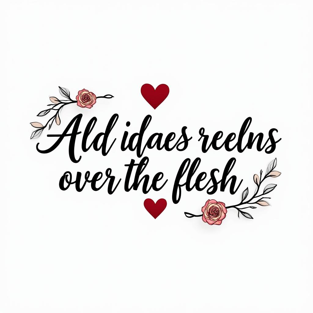 And the spirit reigns over the flesh.in elegant cursive calligraphy style 2d tattoo, decorate with roses, featuring a smooth and flowing handwritten script with slightly thickened strokes for a luxurious and bold appearance, heart symbol between names, sleek and glossy black text with shadowing, minimalist matte white background, clean and sharp edges, illuminated with soft lighting, romantic, 8k, high-quality textures with refined typography - Variation 1