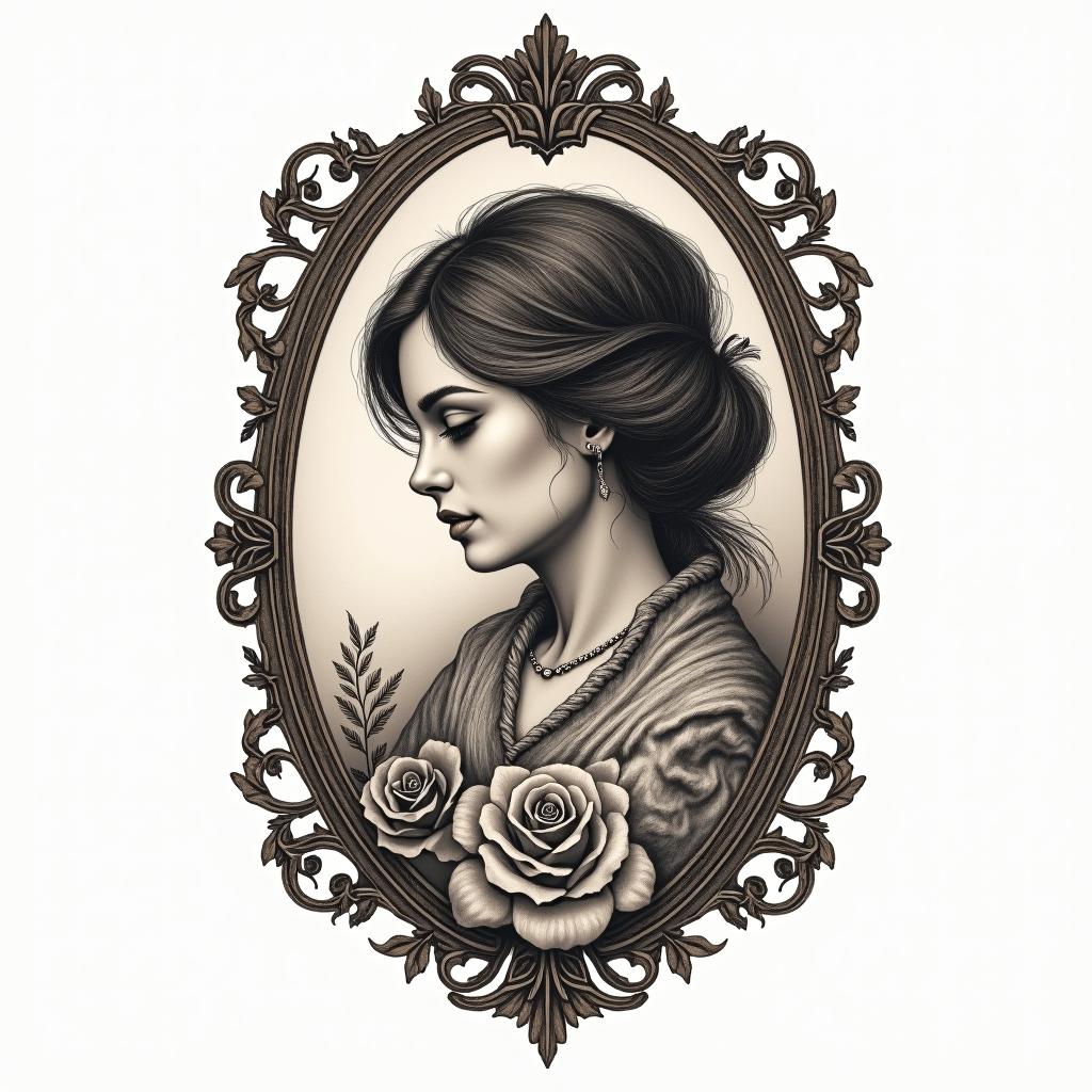 Girl with a wolfin victorian style tattoo, featuring vintage and elegant elements, ornate frames, roses, antique, sepia-toned color scheme - Variation 3
