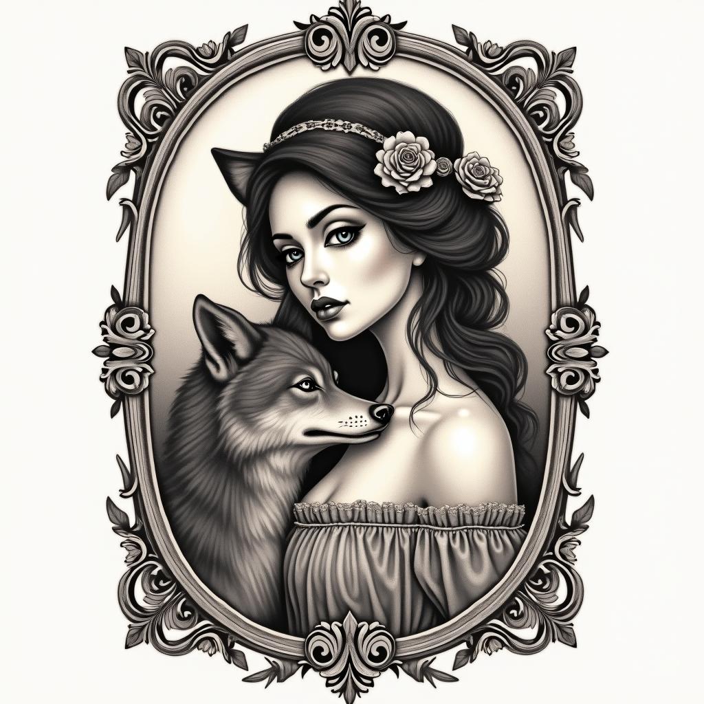 Girl with a wolfin victorian style tattoo, featuring vintage and elegant elements, ornate frames, roses, antique, sepia-toned color scheme - Variation 4
