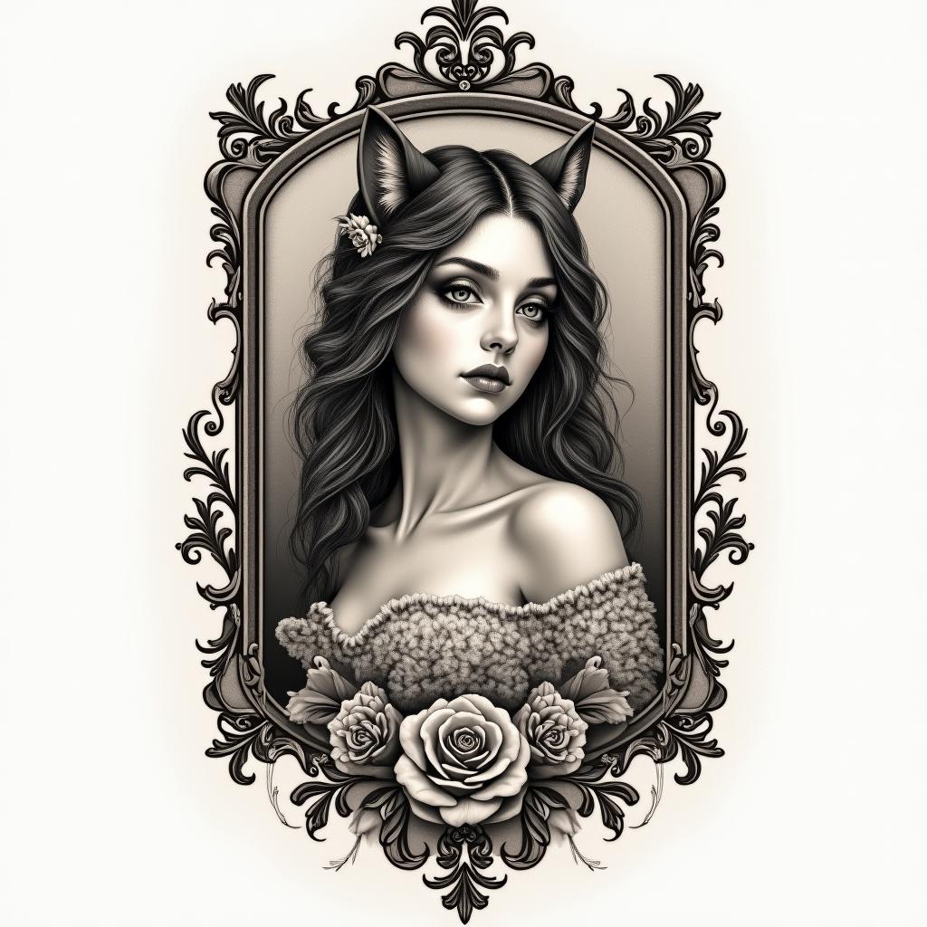 Girl with a wolfin victorian style tattoo, featuring vintage and elegant elements, ornate frames, roses, antique, sepia-toned color scheme - Variation 2