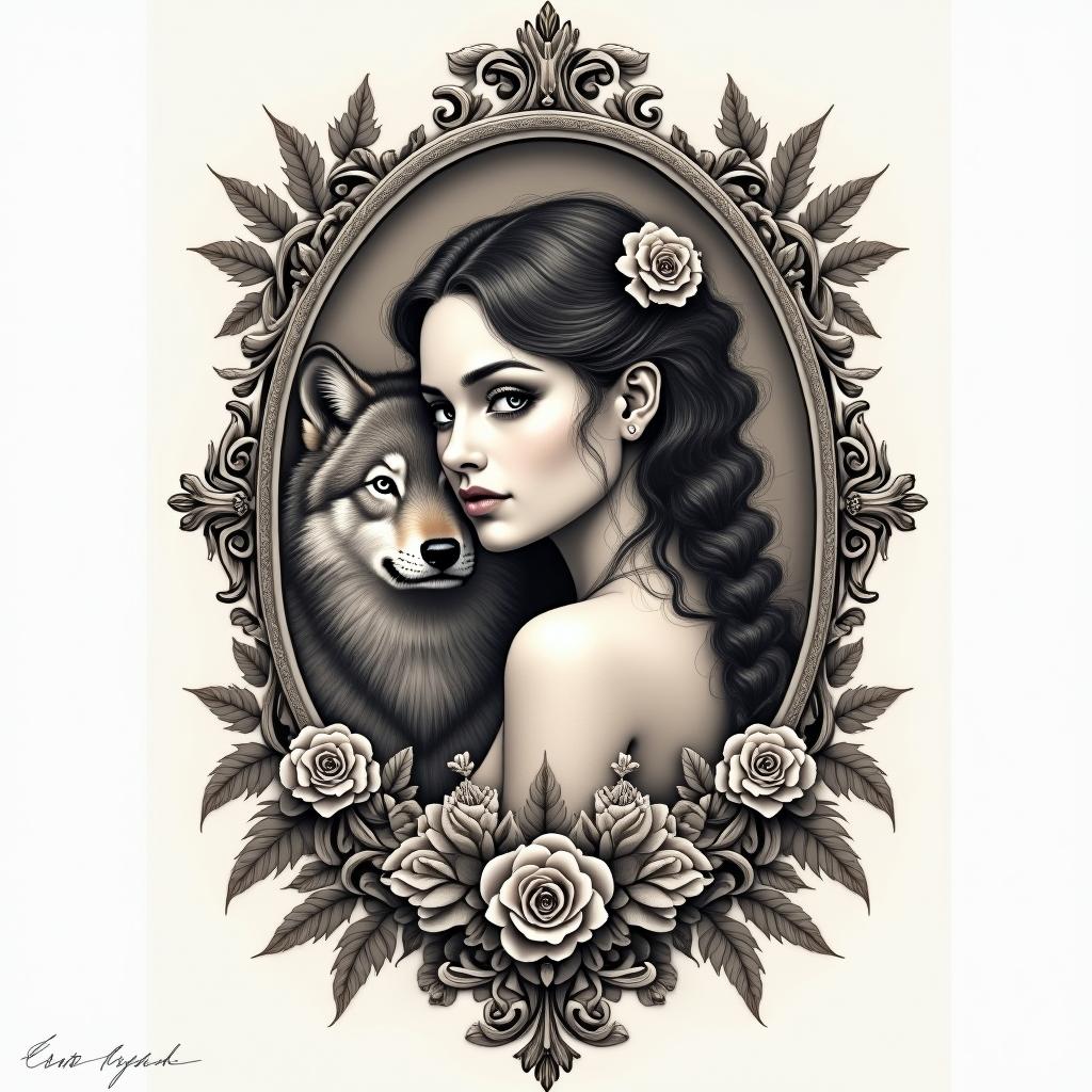 Girl with a wolfin victorian style tattoo, featuring vintage and elegant elements, ornate frames, roses, antique, sepia-toned color scheme