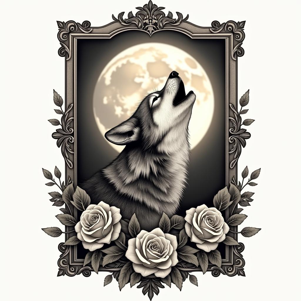 Howling wolf under a full moonin victorian style tattoo, featuring vintage and elegant elements, ornate frames, roses, antique, sepia-toned color scheme - Variation 3