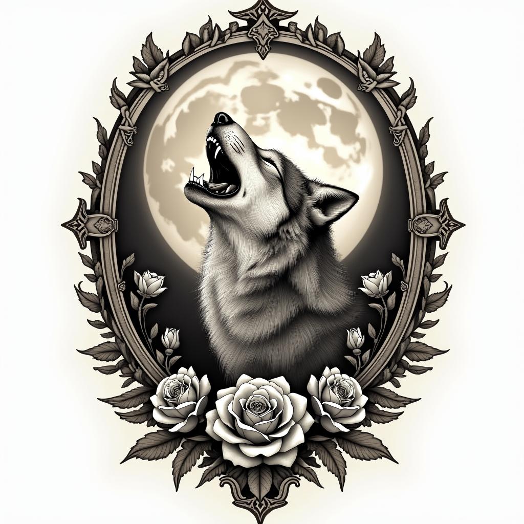 Howling wolf under a full moonin victorian style tattoo, featuring vintage and elegant elements, ornate frames, roses, antique, sepia-toned color scheme - Variation 2