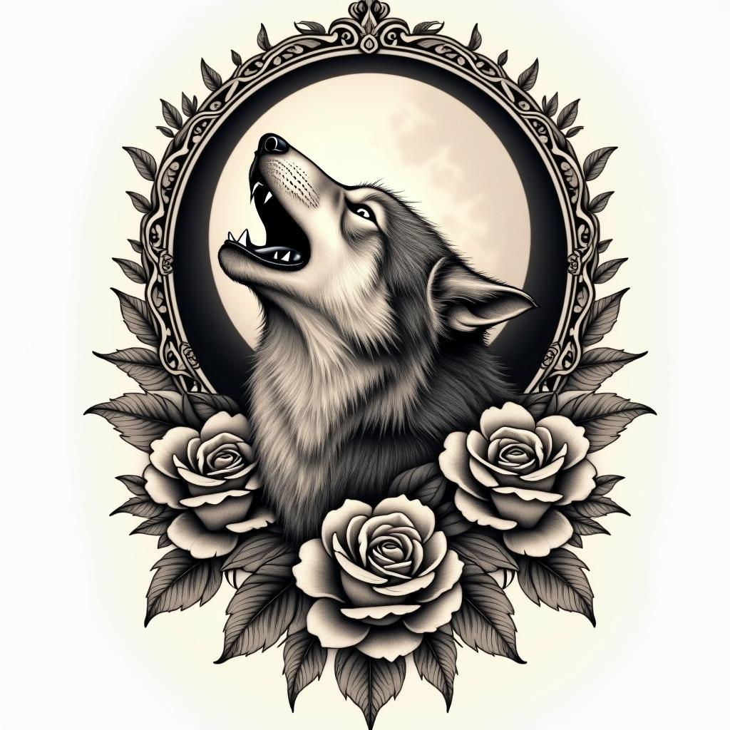 Howling wolf under a full moonin victorian style tattoo, featuring vintage and elegant elements, ornate frames, roses, antique, sepia-toned color scheme - Variation 4