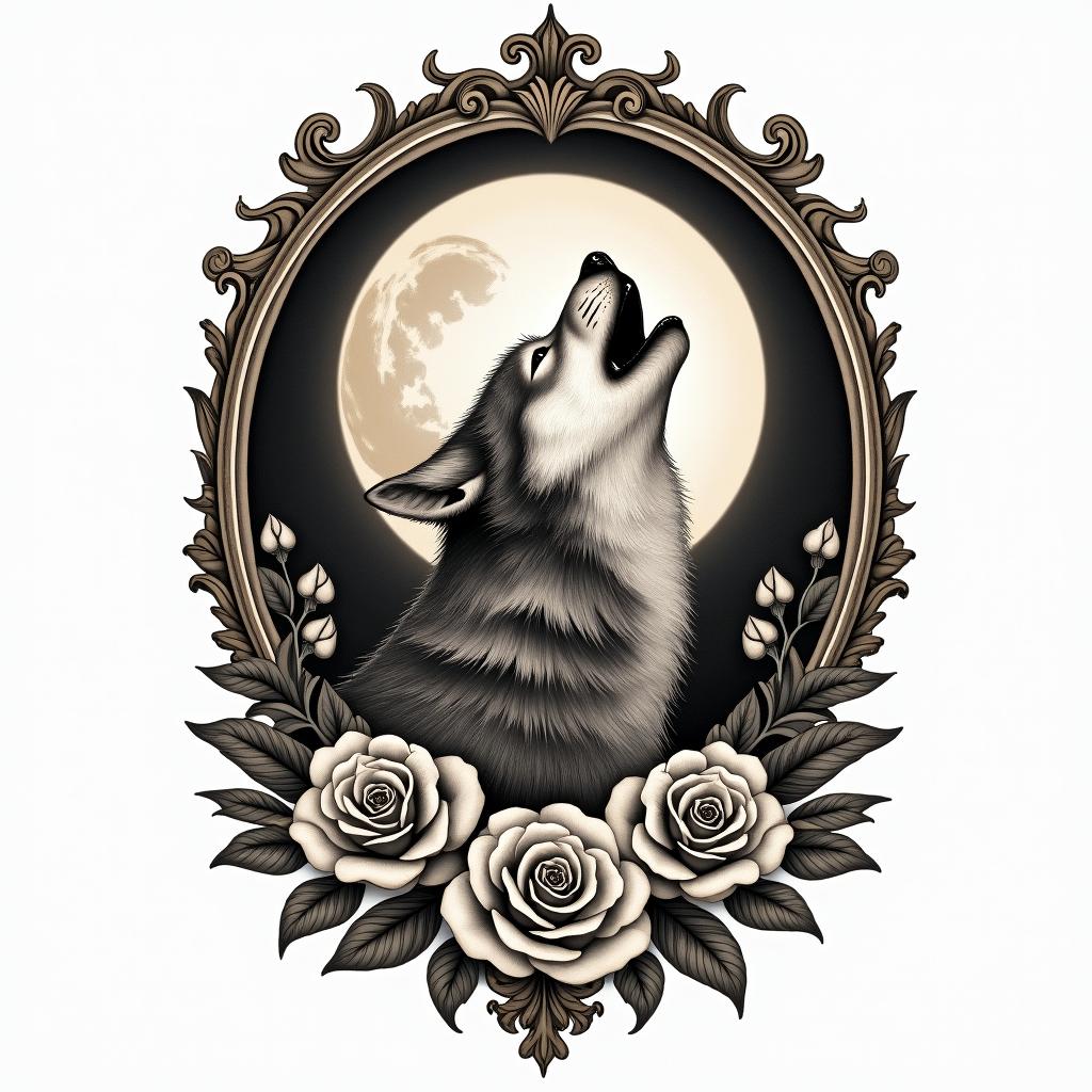 Howling wolf under a full moonin victorian style tattoo, featuring vintage and elegant elements, ornate frames, roses, antique, sepia-toned color scheme