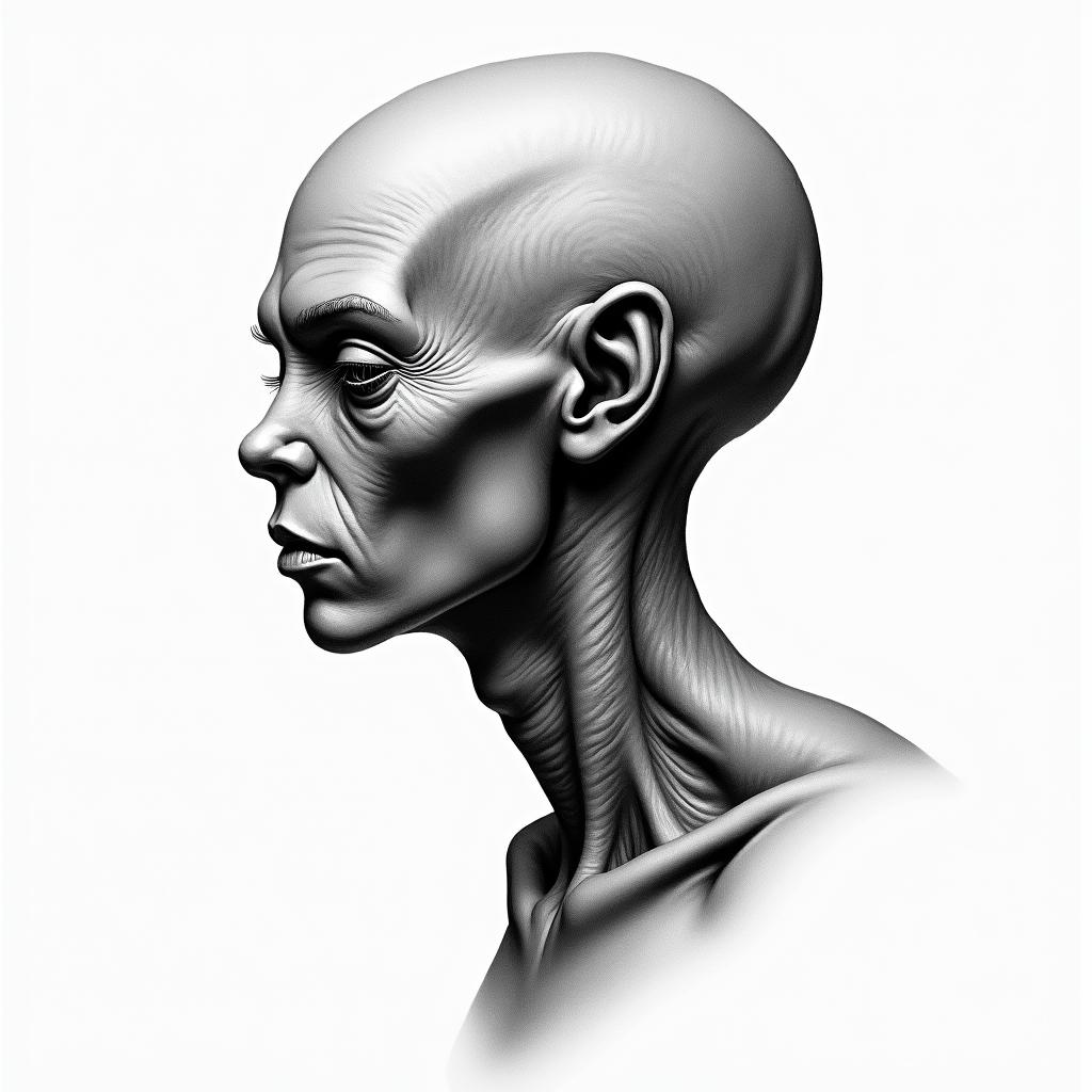 The creation of human life by aliens from a spaceship, tall bald albinos.in portrait tattoo style, featuring a highly realistic and detailed depiction