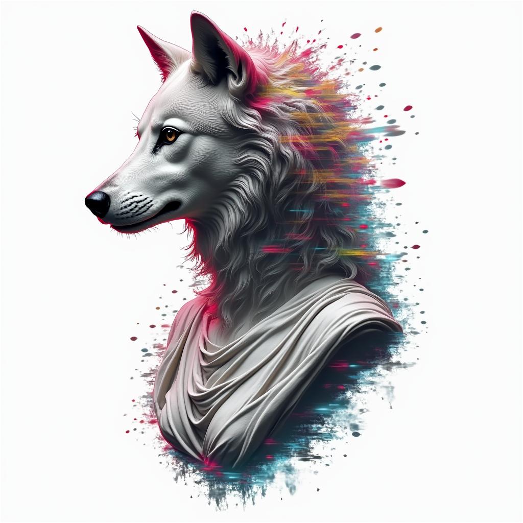 Girl with a wolfin distorted and fragmented tattoo design, featuring a classical statue bust, in a glitch art style with vibrant, overlapping colors of cyan, magenta, and yellow, creating a digital distortion effect