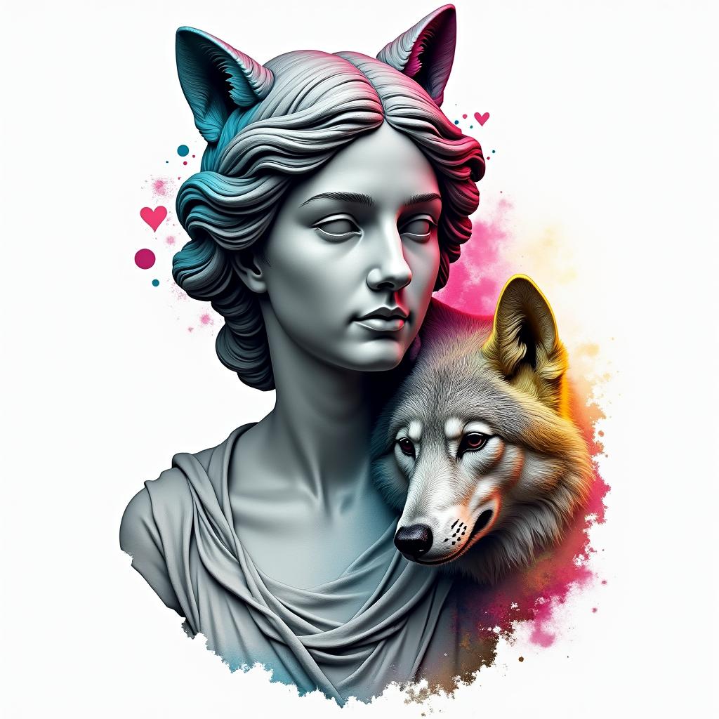 Girl with a wolfin distorted and fragmented tattoo design, featuring a classical statue bust, in a glitch art style with vibrant, overlapping colors of cyan, magenta, and yellow, creating a digital distortion effect - Variation 3