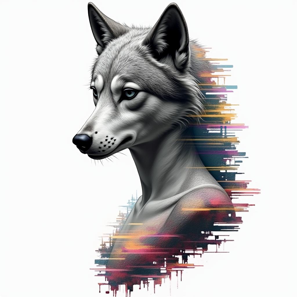 Girl with a wolfin distorted and fragmented tattoo design, featuring a classical statue bust, in a glitch art style with vibrant, overlapping colors of cyan, magenta, and yellow, creating a digital distortion effect - Variation 2