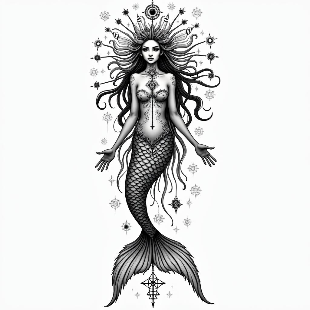 5th dimension mermaidin prophecy tattoo style, featuring mystical symbols, celestial imagery like stars, moons, suns, geometric patterns, foretelling elements, an eye of wisdom - Variation 4