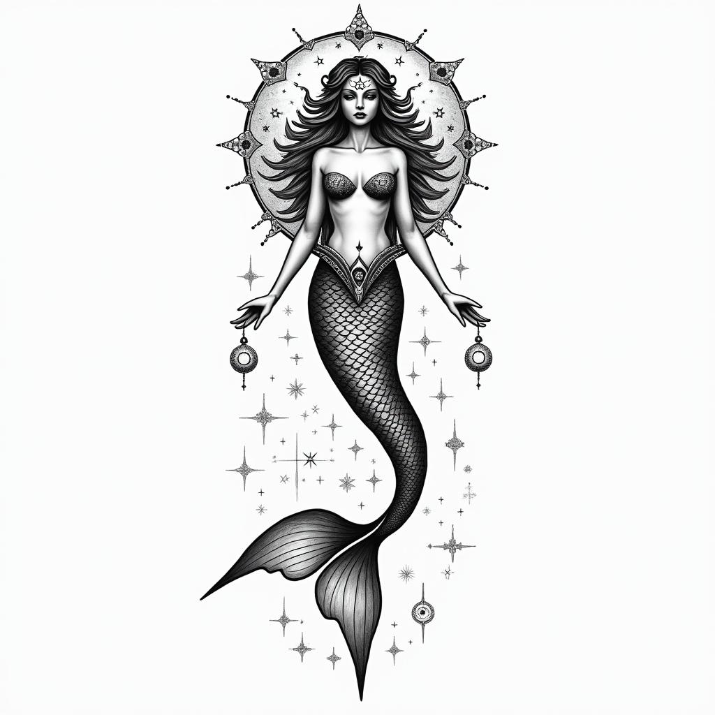 5th dimension mermaidin prophecy tattoo style, featuring mystical symbols, celestial imagery like stars, moons, suns, geometric patterns, foretelling elements, an eye of wisdom - Variation 3
