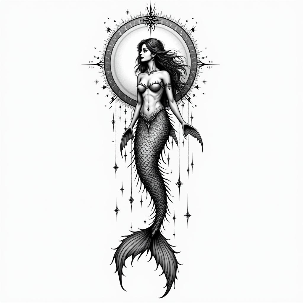5th dimension mermaidin prophecy tattoo style, featuring mystical symbols, celestial imagery like stars, moons, suns, geometric patterns, foretelling elements, an eye of wisdom