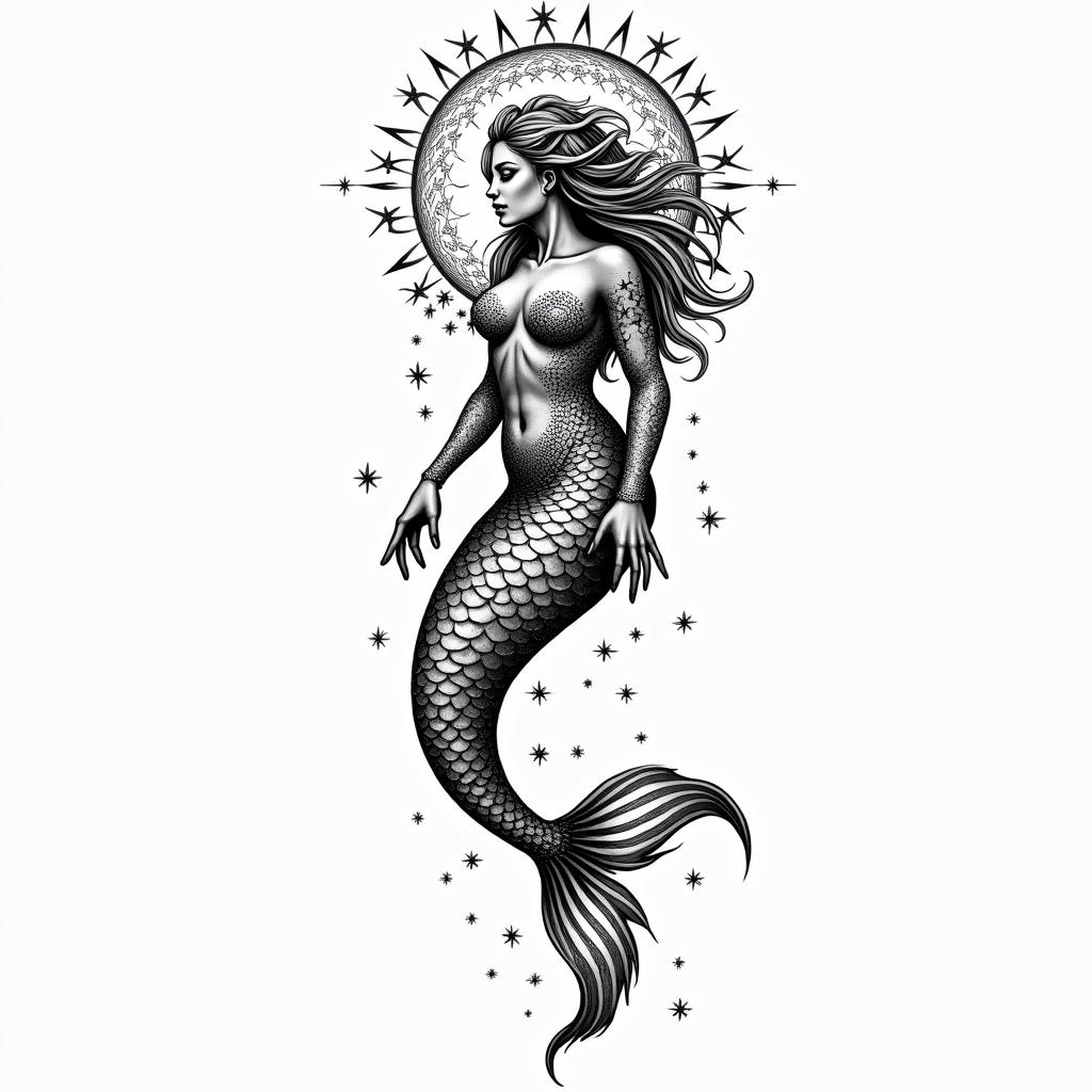 5th dimension mermaidin prophecy tattoo style, featuring mystical symbols, celestial imagery like stars, moons, suns, geometric patterns, foretelling elements, an eye of wisdom - Variation 2