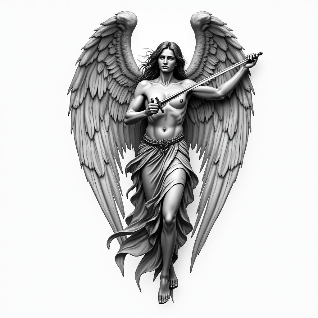 Angel with swordhigly detailed tattoo - Variation 4