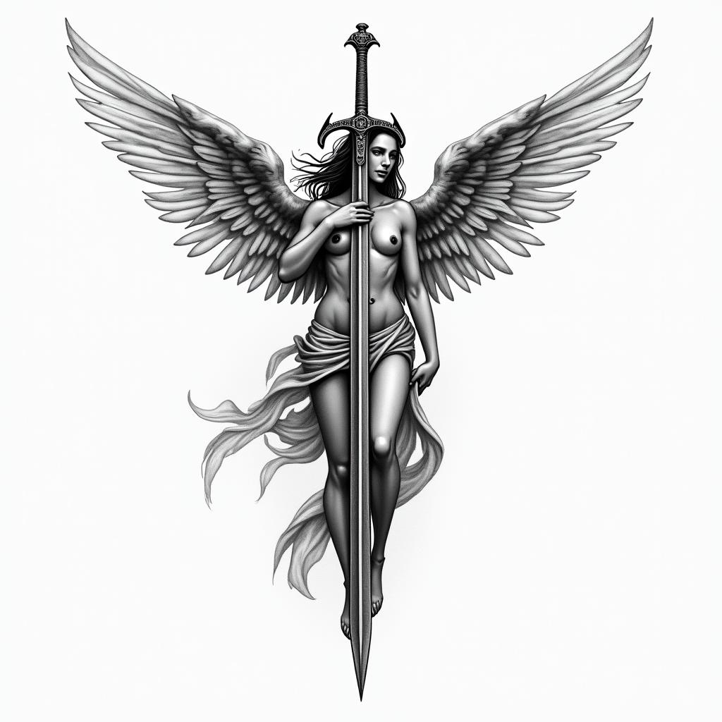 Angel with swordhigly detailed tattoo - Variation 3