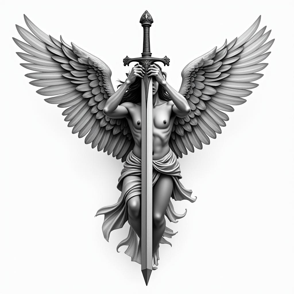 Angel with swordhigly detailed tattoo - Variation 2
