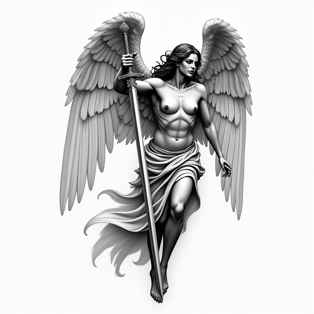 Angel with swordhigly detailed tattoo
