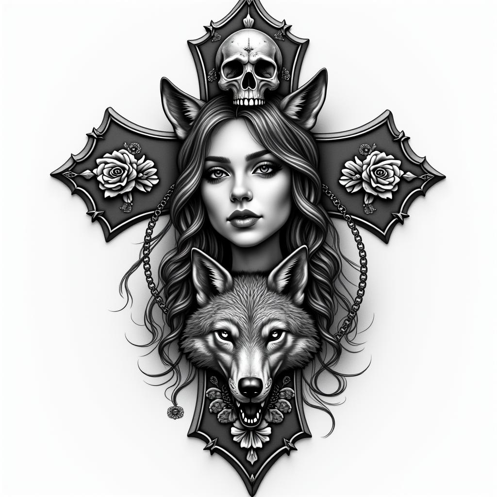 Girl with a wolfin chicano style tattoo, featuring intricate black and grey shading, bold elements of traditional chicano culture symbols, add a big cross with skull, chains and roses - Variation 3