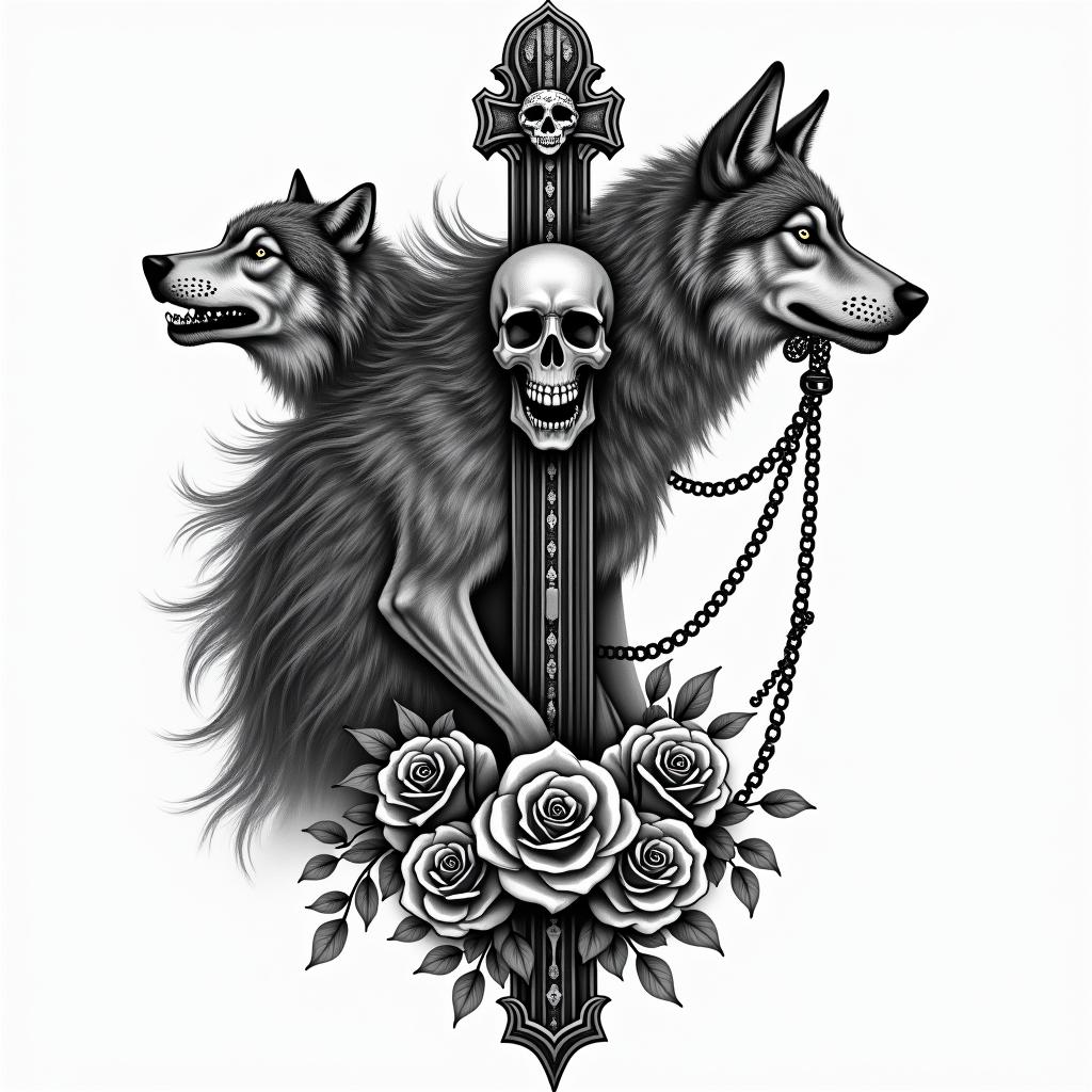 Girl with a wolfin chicano style tattoo, featuring intricate black and grey shading, bold elements of traditional chicano culture symbols, add a big cross with skull, chains and roses
