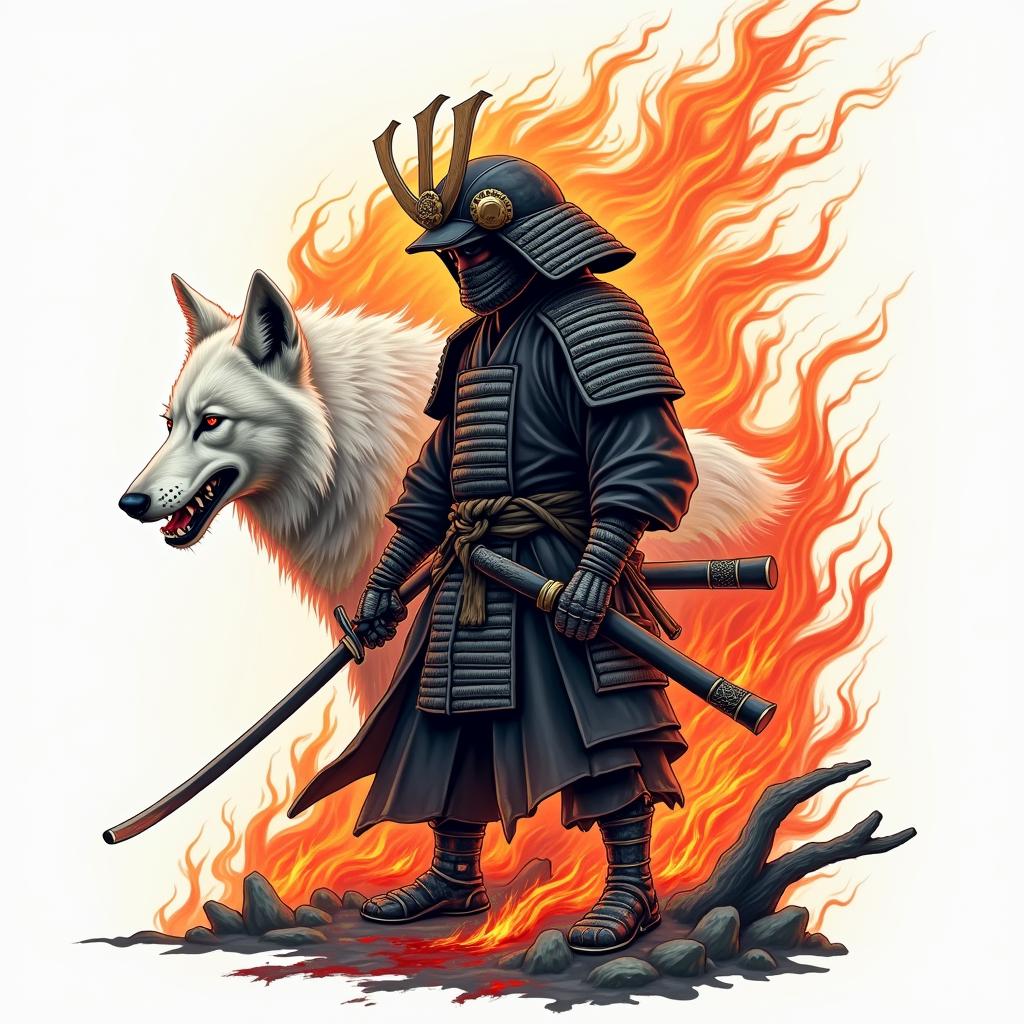 A samurai and a white wolf behind the samurai a dojo and the wolf with its mouth dirty with blood.in flame tattoo style showcasing fiery elements with dynamic flame patterns, glowing effect of flames, natural colors - Variation 1