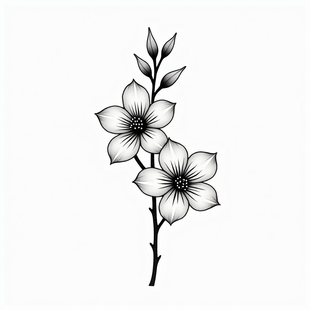 Two cherry blossomsin minimalist style tattoo, featuring simple shapes and fine lines, with minimal shading and details, tiny triangles, creating a sense of balance and harmony
