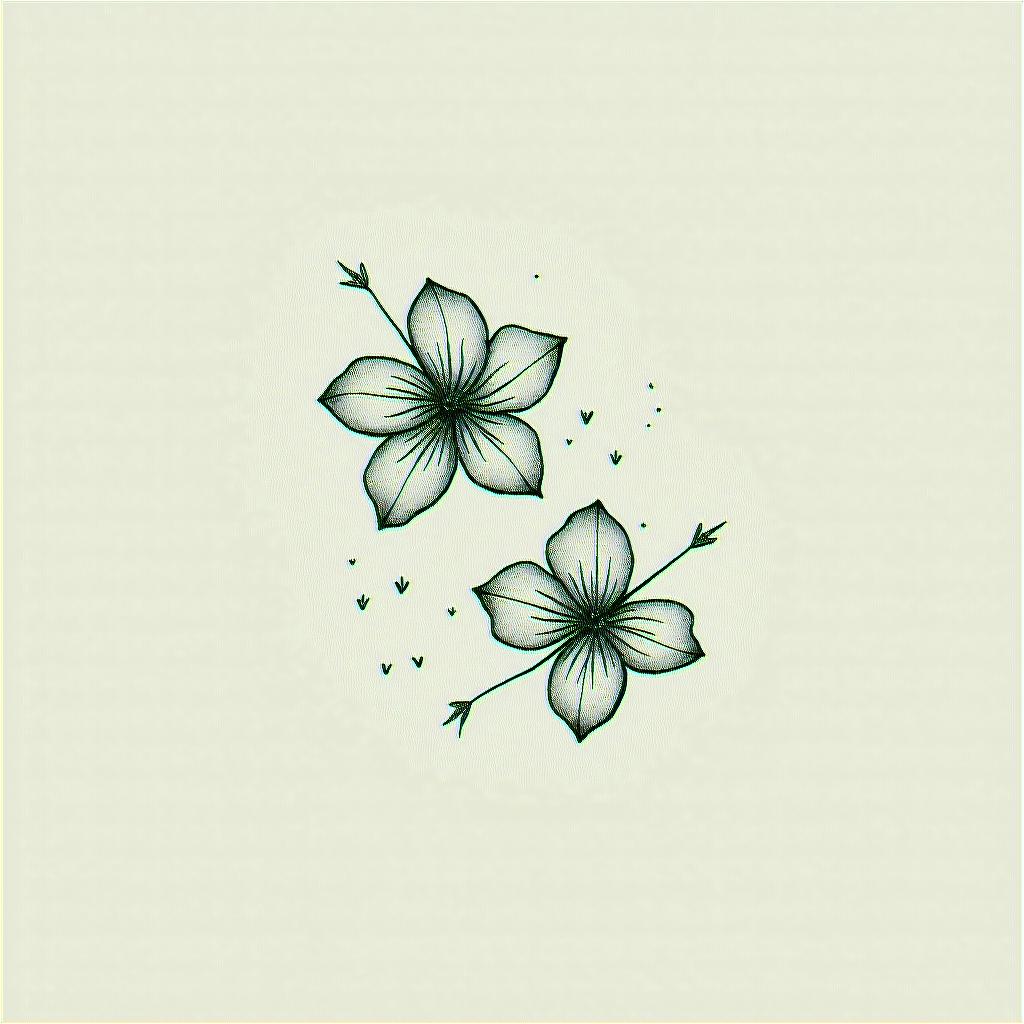 Two cherry blossomsin minimalist style tattoo, featuring simple shapes and fine lines, with minimal shading and details, tiny triangles, creating a sense of balance and harmony - Variation 4