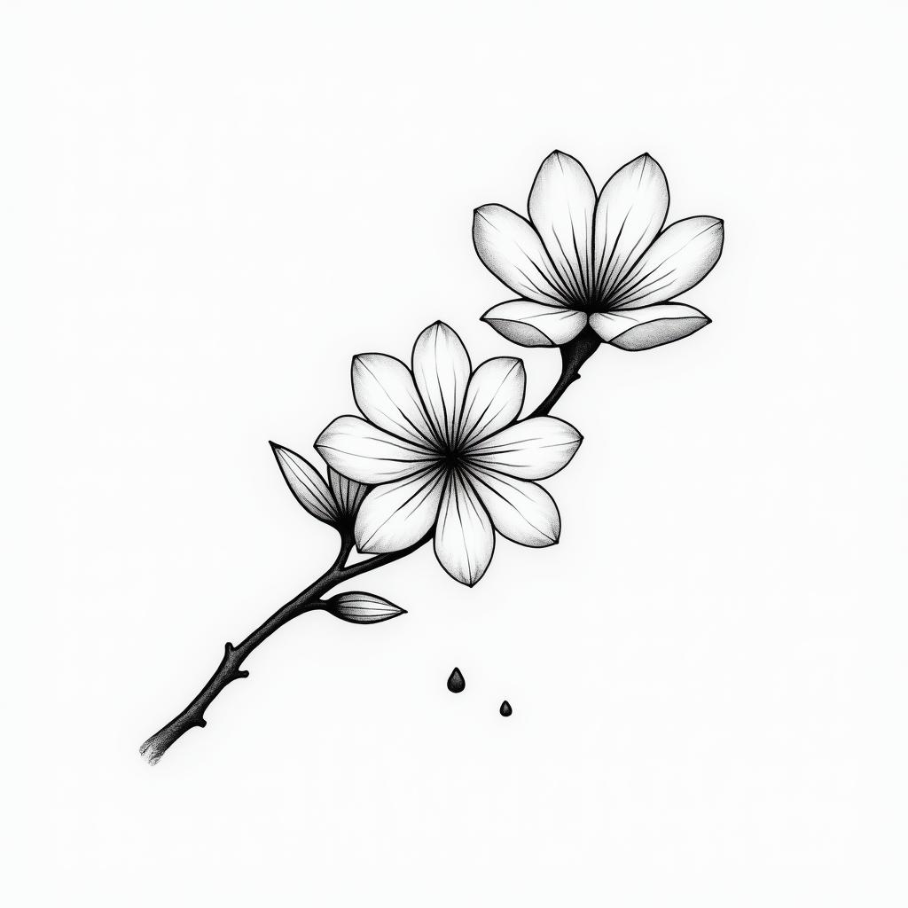 Two cherry blossomsin minimalist style tattoo, featuring simple shapes and fine lines, with minimal shading and details, tiny triangles, creating a sense of balance and harmony - Variation 2