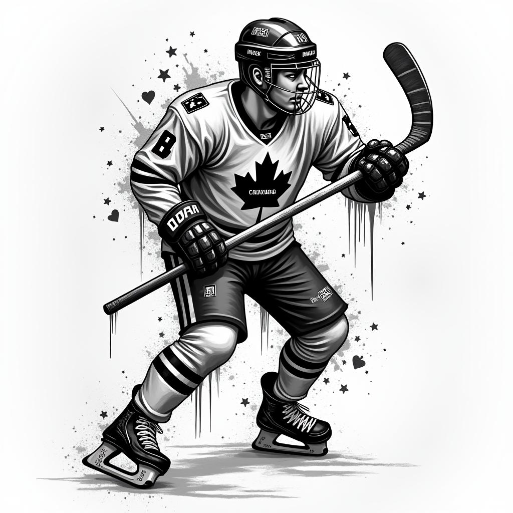 Marcus, Nathan, hockey, school Canadain graffiti style tattoo, featuring bold and dynamic street art elements, spray-paint texture with exaggerated lines and expressive, chaotic brushstrokes, intricate lettering incorporated with graffiti tags, symbols like hearts, stars, and wings - Variation 4