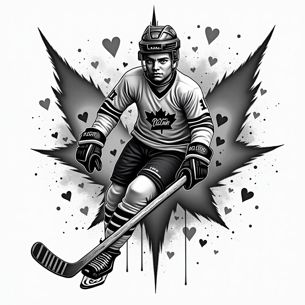 Marcus, Nathan, hockey, school Canadain graffiti style tattoo, featuring bold and dynamic street art elements, spray-paint texture with exaggerated lines and expressive, chaotic brushstrokes, intricate lettering incorporated with graffiti tags, symbols like hearts, stars, and wings - Variation 2