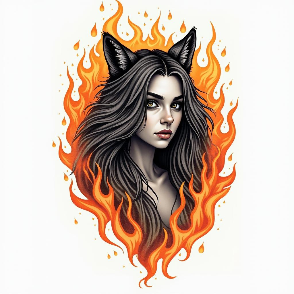 A girl with a wolf.in flame tattoo style showcasing fiery elements with dynamic flame patterns, glowing effect of flames, natural colors - Variation 3