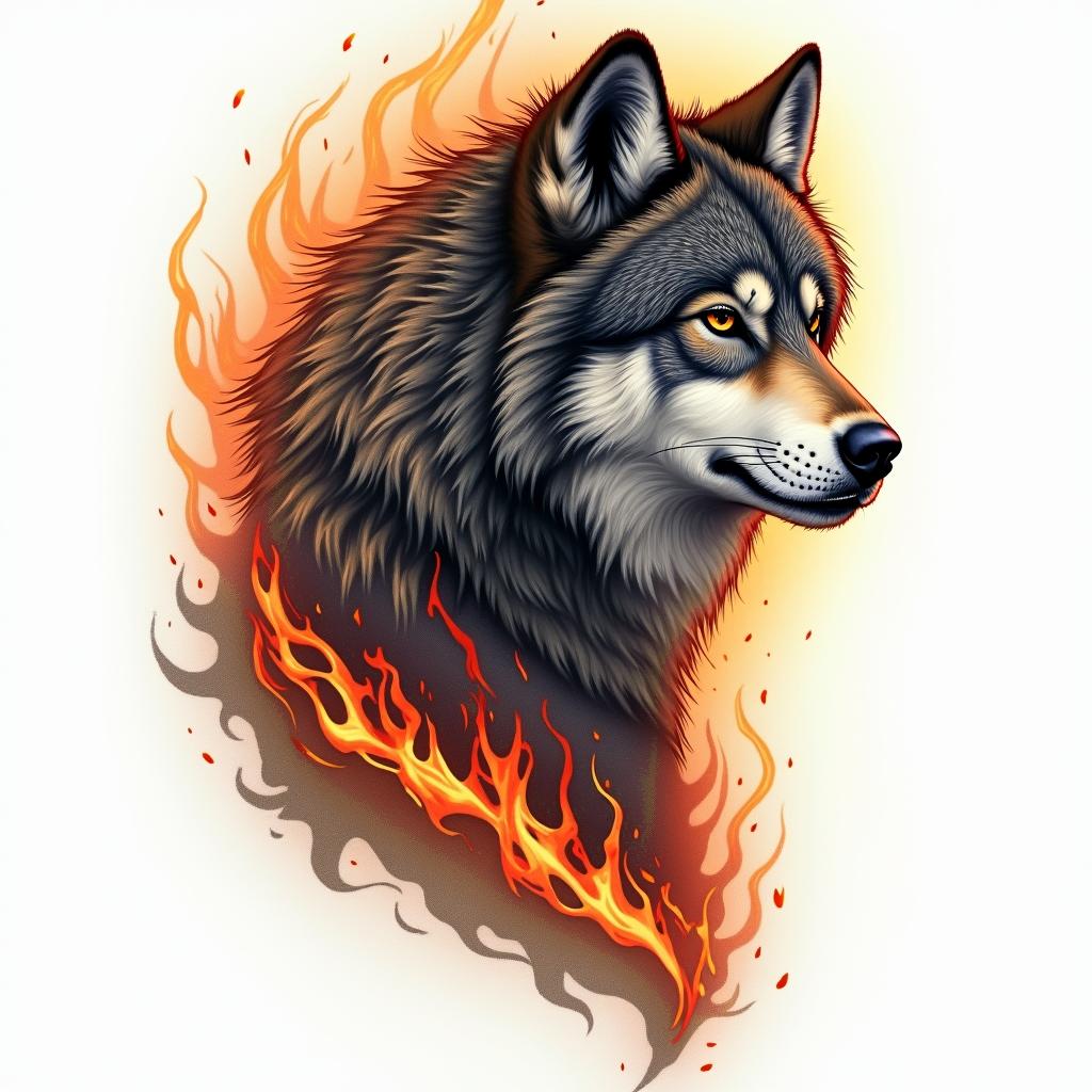 A girl with a wolf.in flame tattoo style showcasing fiery elements with dynamic flame patterns, glowing effect of flames, natural colors - Variation 2