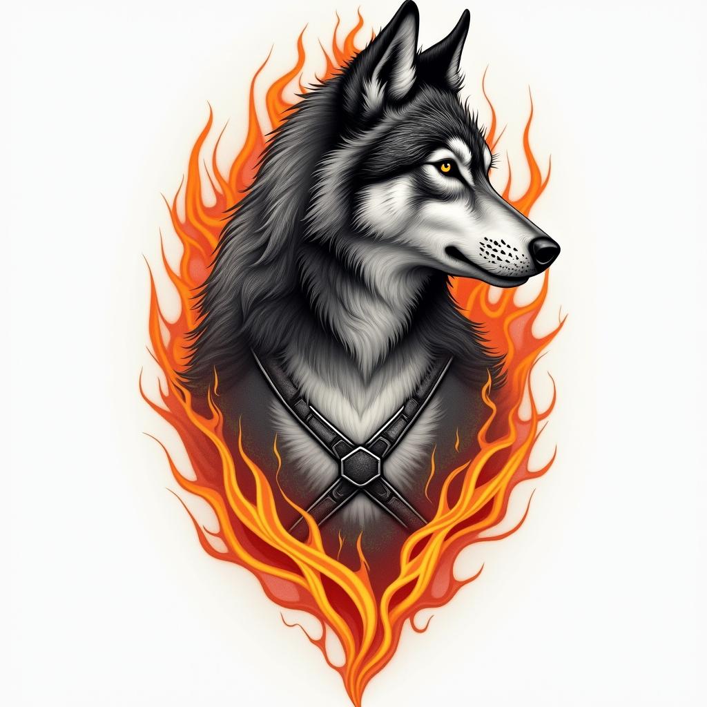 A girl with a wolf.in flame tattoo style showcasing fiery elements with dynamic flame patterns, glowing effect of flames, natural colors