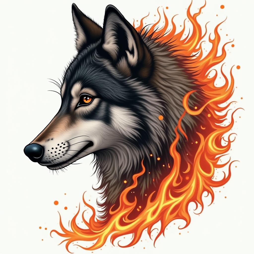 A girl with a wolf.in flame tattoo style showcasing fiery elements with dynamic flame patterns, glowing effect of flames, natural colors - Variation 4