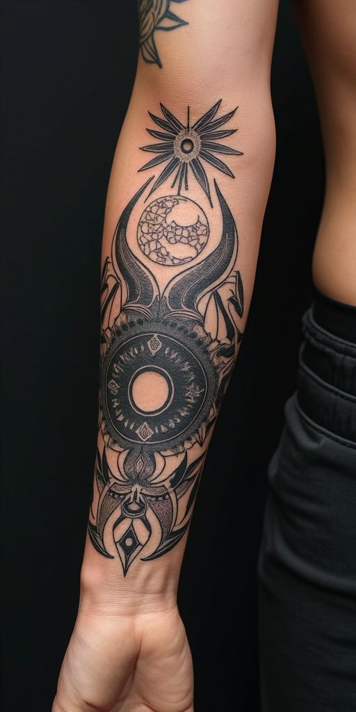 Itachiin paganic style tattoo, featuring ancient symbols, add vegvisir symbol, mystical figures, incorporating designs, pentagrams, runes, crescent moons, - Variation 3