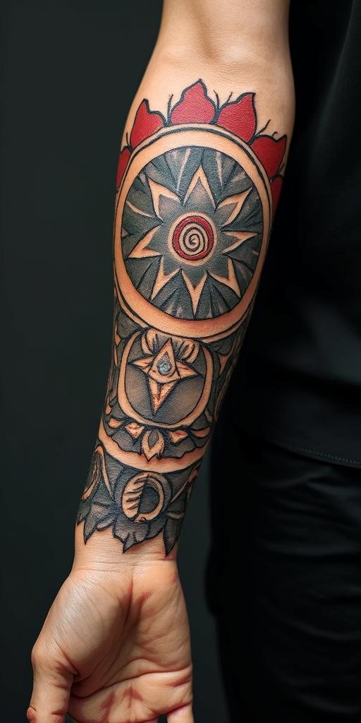 Itachiin paganic style tattoo, featuring ancient symbols, add vegvisir symbol, mystical figures, incorporating designs, pentagrams, runes, crescent moons, - Variation 4