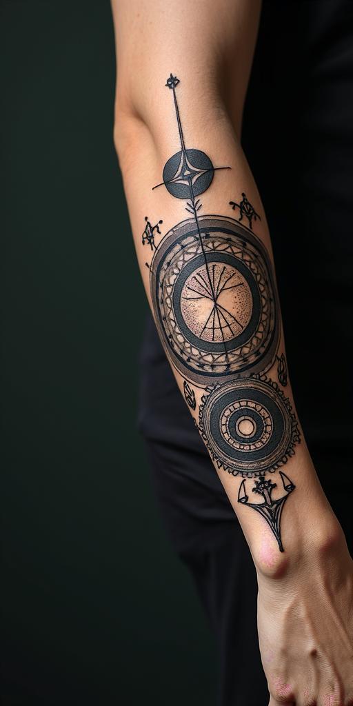Itachiin paganic style tattoo, featuring ancient symbols, add vegvisir symbol, mystical figures, incorporating designs, pentagrams, runes, crescent moons,