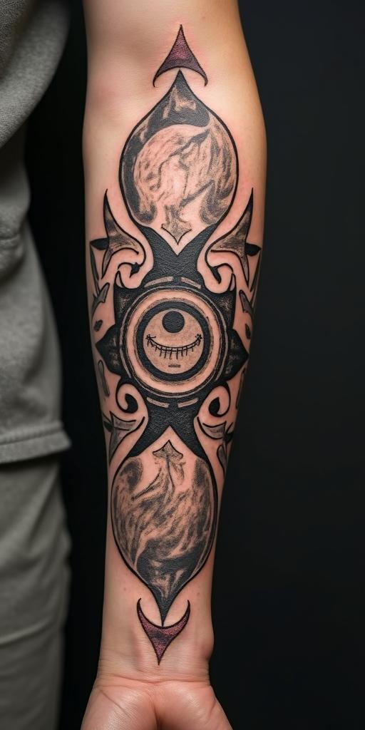 Itachiin paganic style tattoo, featuring ancient symbols, add vegvisir symbol, mystical figures, incorporating designs, pentagrams, runes, crescent moons, - Variation 2
