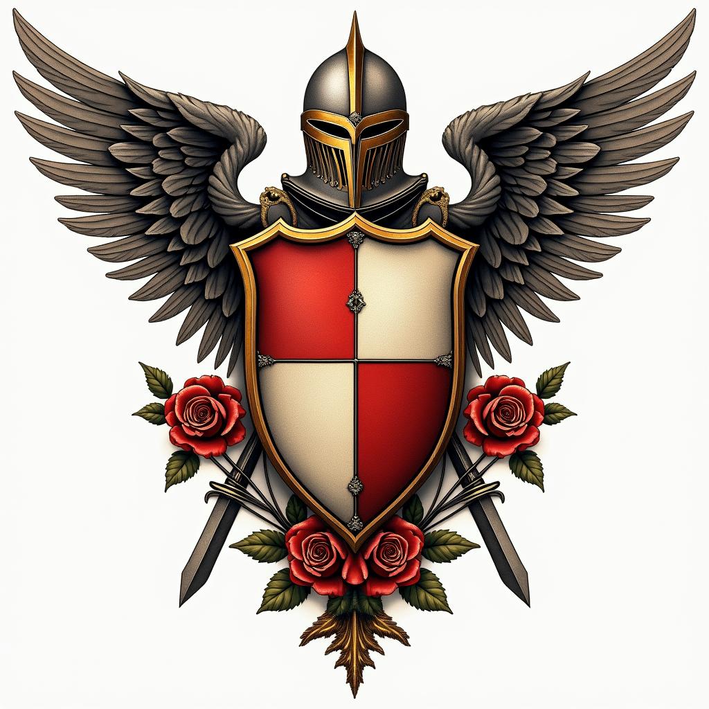 Crest, gold and red quadrants, knights helmet, wings, swordsin victorian style tattoo, featuring vintage and elegant elements, ornate frames, roses, antique, sepia-toned color scheme - Variation 2