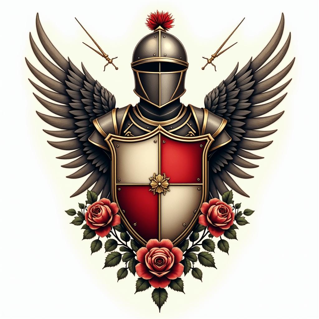 Crest, gold and red quadrants, knights helmet, wings, swordsin victorian style tattoo, featuring vintage and elegant elements, ornate frames, roses, antique, sepia-toned color scheme - Variation 3