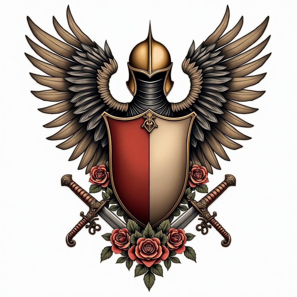 Crest, gold and red quadrants, knights helmet, wings, swordsin victorian style tattoo, featuring vintage and elegant elements, ornate frames, roses, antique, sepia-toned color scheme - Variation 4
