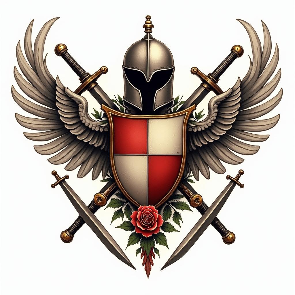 Crest, gold and red quadrants, knights helmet, wings, swordsin victorian style tattoo, featuring vintage and elegant elements, ornate frames, roses, antique, sepia-toned color scheme