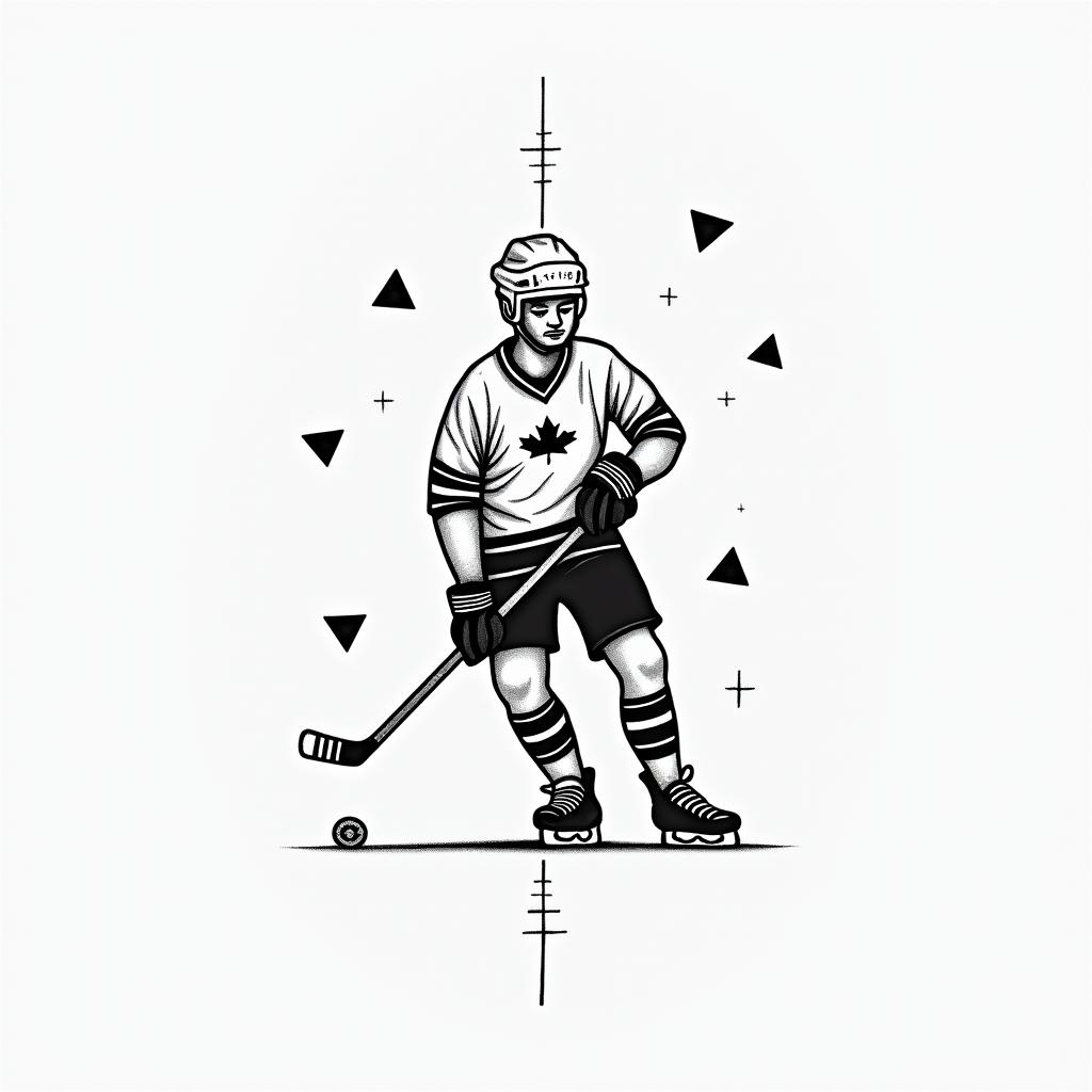 Marcus, Nathan, hockey, school Canadain minimalist style tattoo, featuring simple shapes and fine lines, with minimal shading and details, tiny triangles, creating a sense of balance and harmony - Variation 3