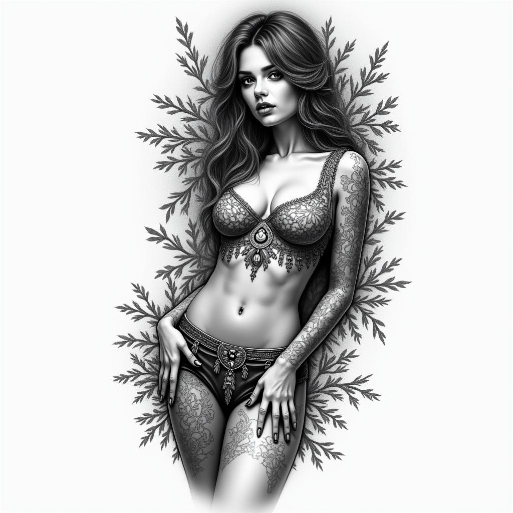 Girly sexyin bohemian style tattoo, 8k - Variation 4