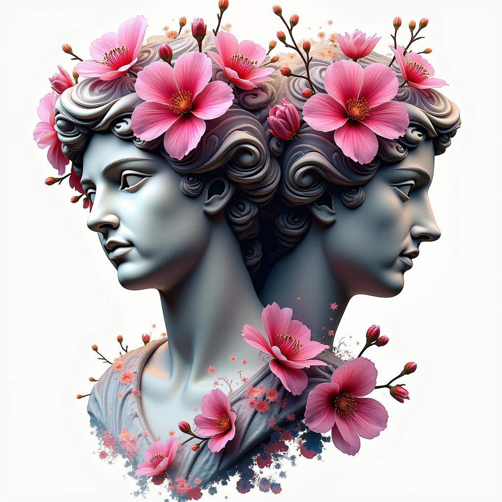 Two cherry blossomsin distorted and fragmented tattoo design, featuring a classical statue bust, in a glitch art style with vibrant, overlapping colors of cyan, magenta, and yellow, creating a digital distortion effect - Variation 2