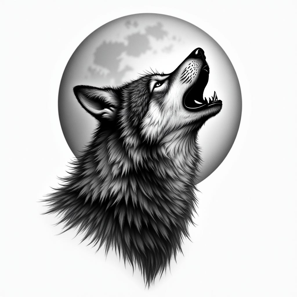 Howling wolf under a full moonhigly detailed tattoo - Variation 7