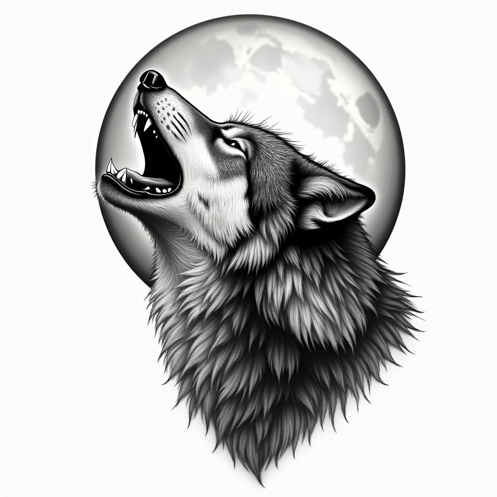 Howling wolf under a full moonhigly detailed tattoo - Variation 6