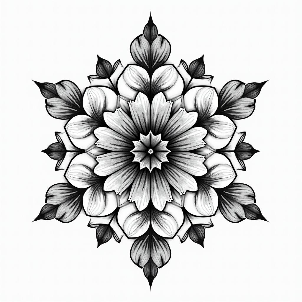 Two cherry blossoms in geometric style tattoo, blending hexagons, mandala-inspired patterns, symmetrical and fractal design, clean lines, sharp angles