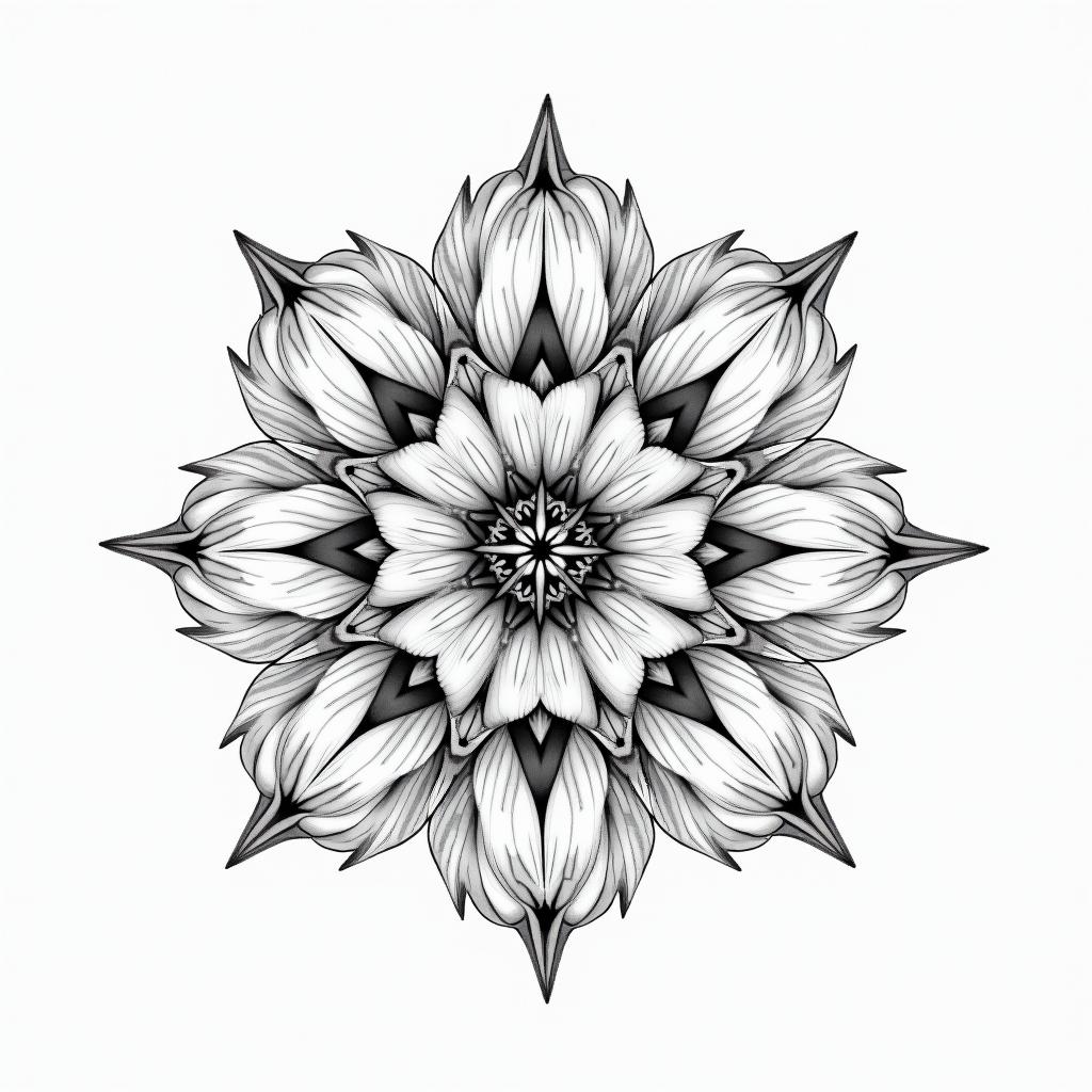 Two cherry blossoms in geometric style tattoo, blending hexagons, mandala-inspired patterns, symmetrical and fractal design, clean lines, sharp angles - Variation 2