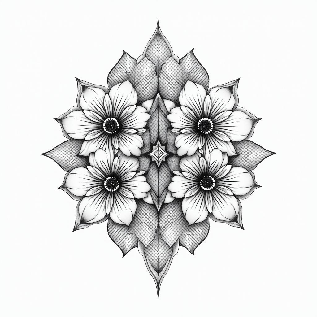 Two cherry blossoms in geometric style tattoo, blending hexagons, mandala-inspired patterns, symmetrical and fractal design, clean lines, sharp angles - Variation 3